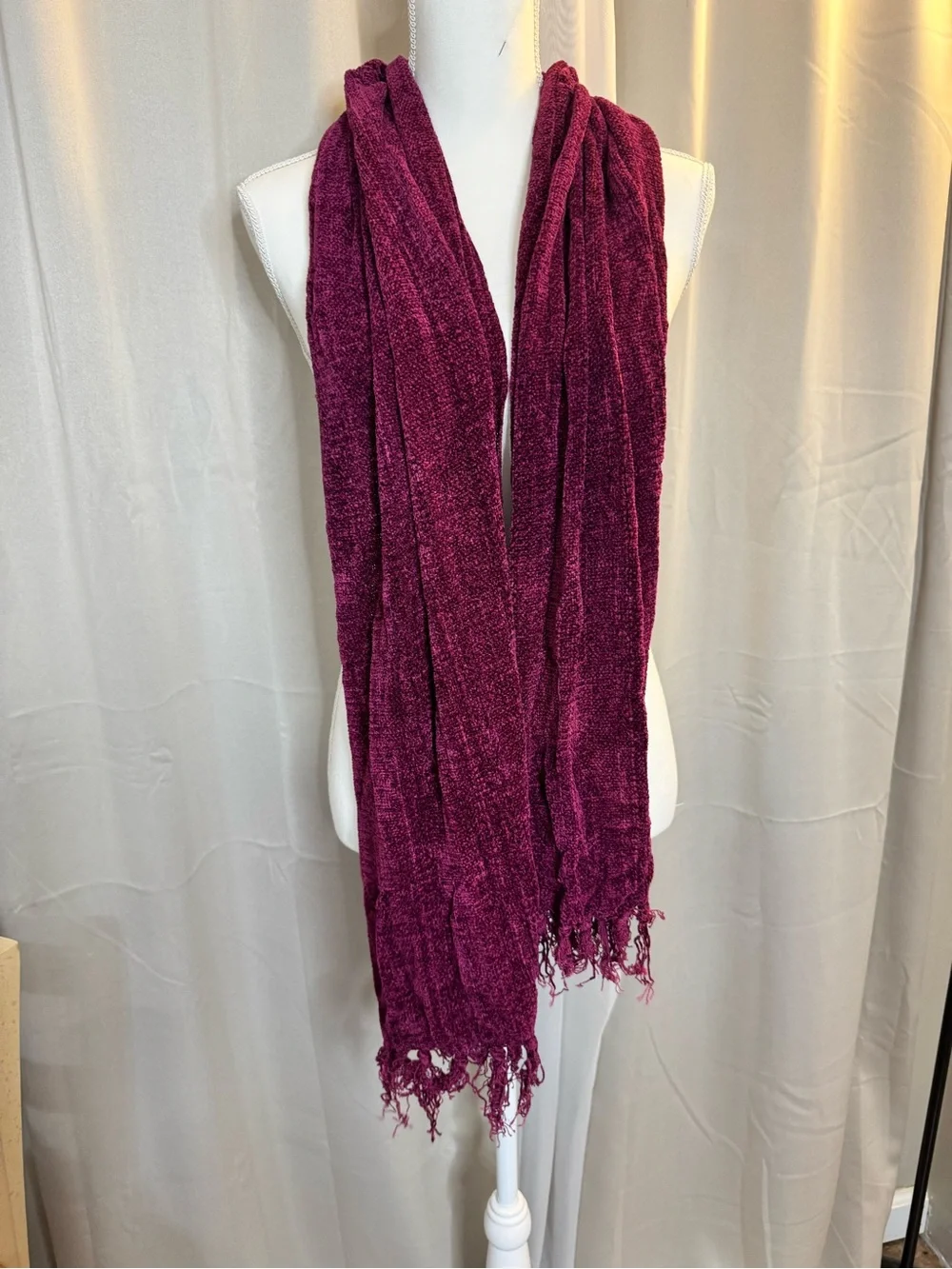 Plush Chenille Fringed Wrap Scarf - Burgundy